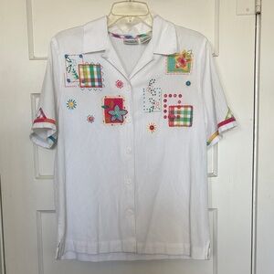 Koret Francisca Colorful Embroidered White Button-Up Shirt Size M